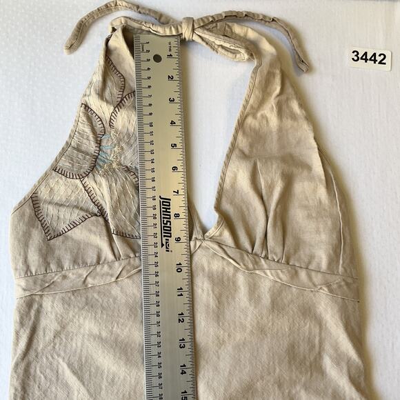 Gadzooks Women Dress M Beige Linen Floral Embroidery Halter A-Line Knee Length - Picture 6 of 11